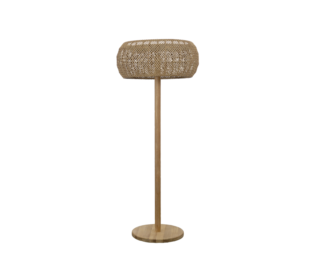 Natural lamp with a rounded shade and a wooden base.