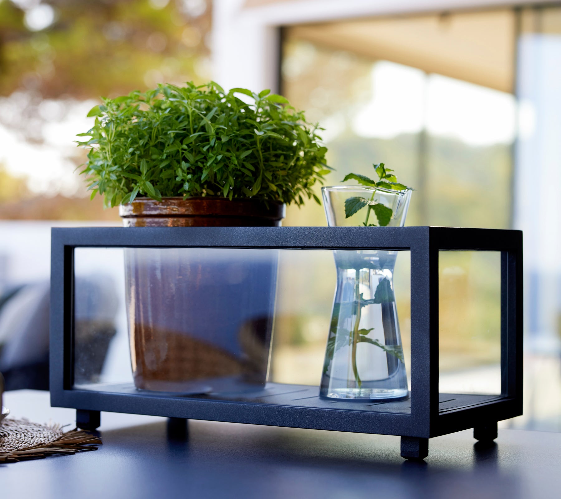 Black planter box with a green plant and glass vase in a modern outdoor setting.
