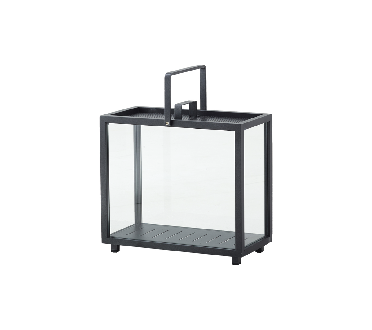 A decorative lantern with a glass body and metal frame, featuring a handle for easy carrying. Ideal for holding candles or lights.