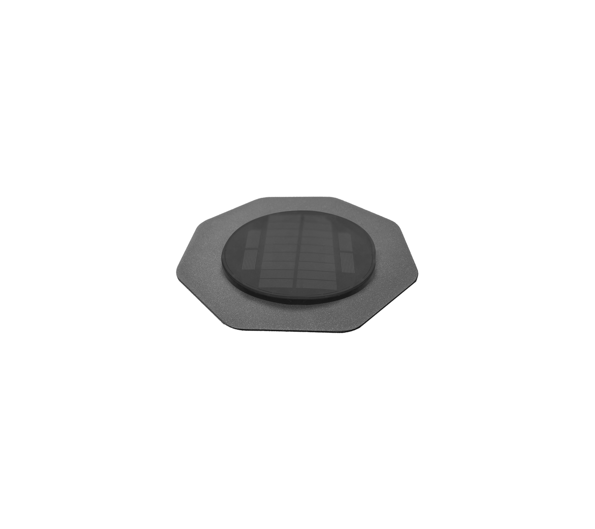 Octagonal solar-powered LED light with a sleek black finish, designed for efficient outdoor lighting solutions.