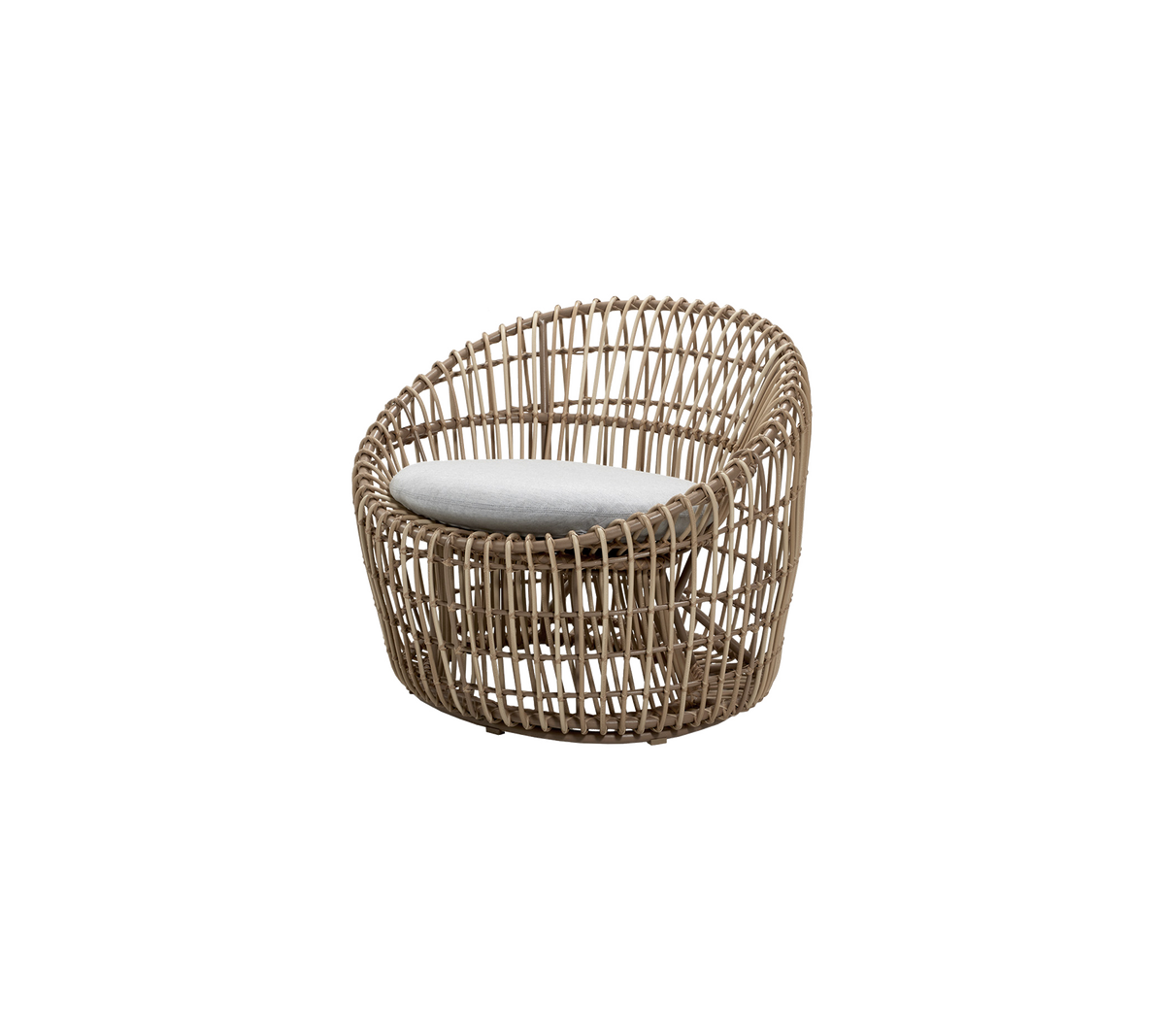 Modern woven lounge chair with a rounded design and a light-colored cushion for comfort. Ideal for stylish seating.
