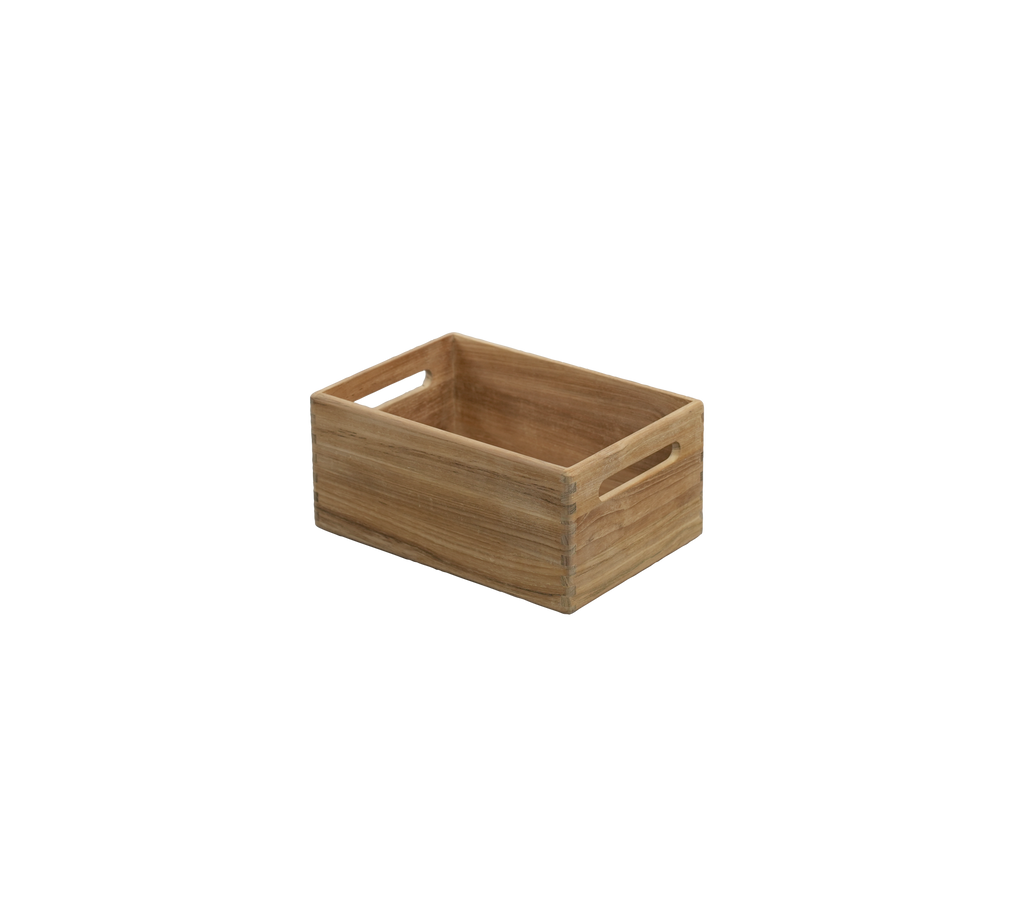 Teak crate with cutout handles.