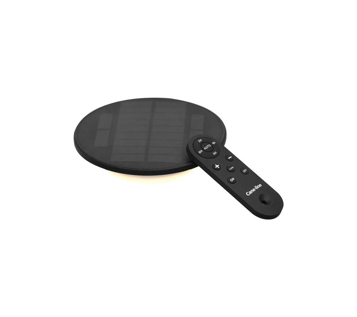 Black solar LED light with a round shape and a remote control for adjustable settings.