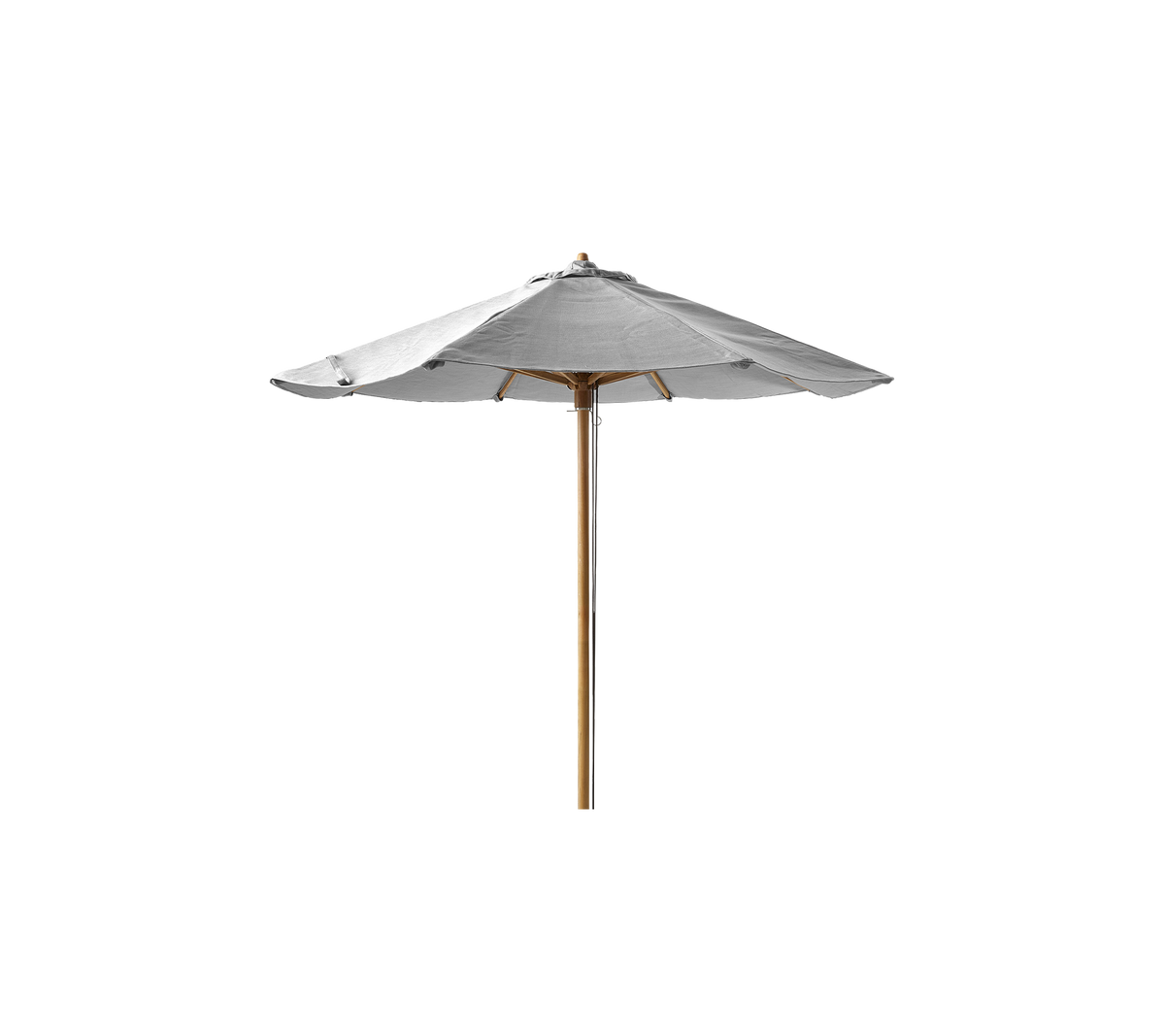 A sleek, white umbrella with a wooden pole, designed for providing shade and enhancing outdoor spaces.