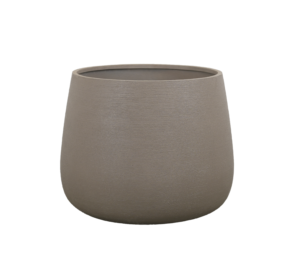 Round taupe planter with a smooth finish.