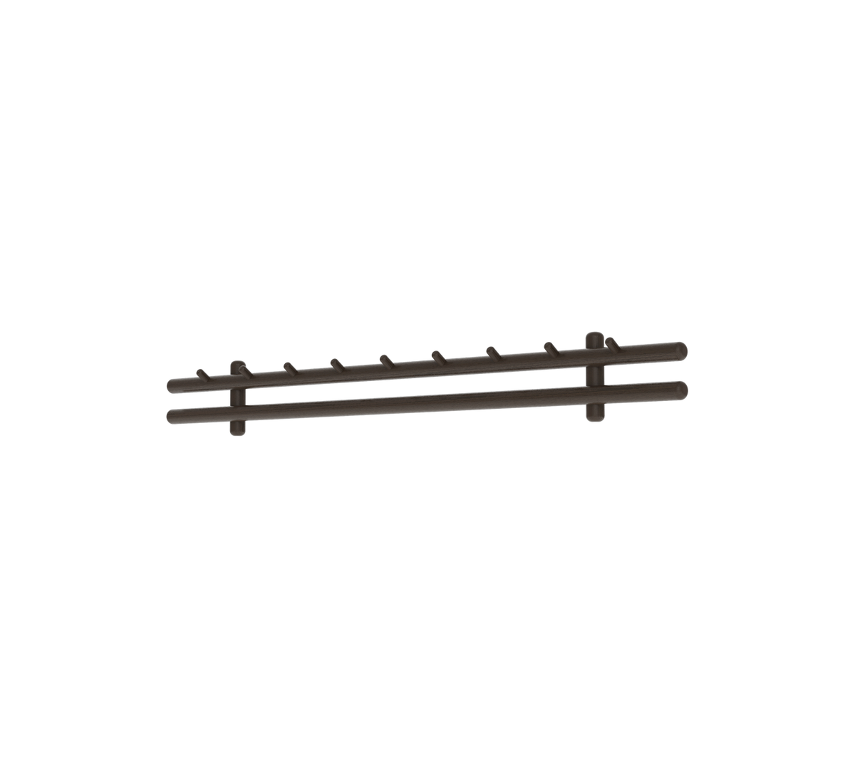 Dark-colored, multi-hook rack ideal for hanging items, featuring evenly spaced hooks for functionality and organization.