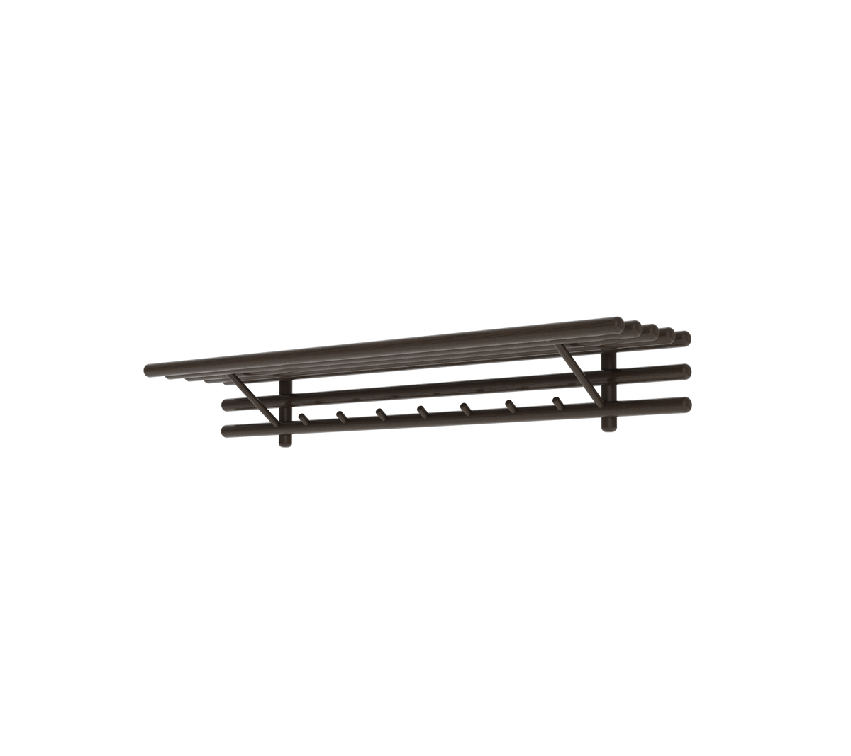 A sleek, dark wood wall shelf with multiple hooks, perfect for organizing and displaying items stylishly.