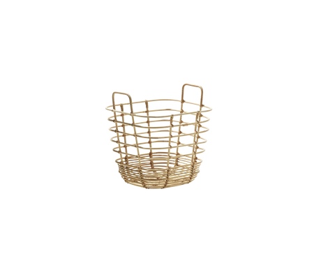 Woven storage basket with handles, featuring a circular design and an open weave for versatility and style.