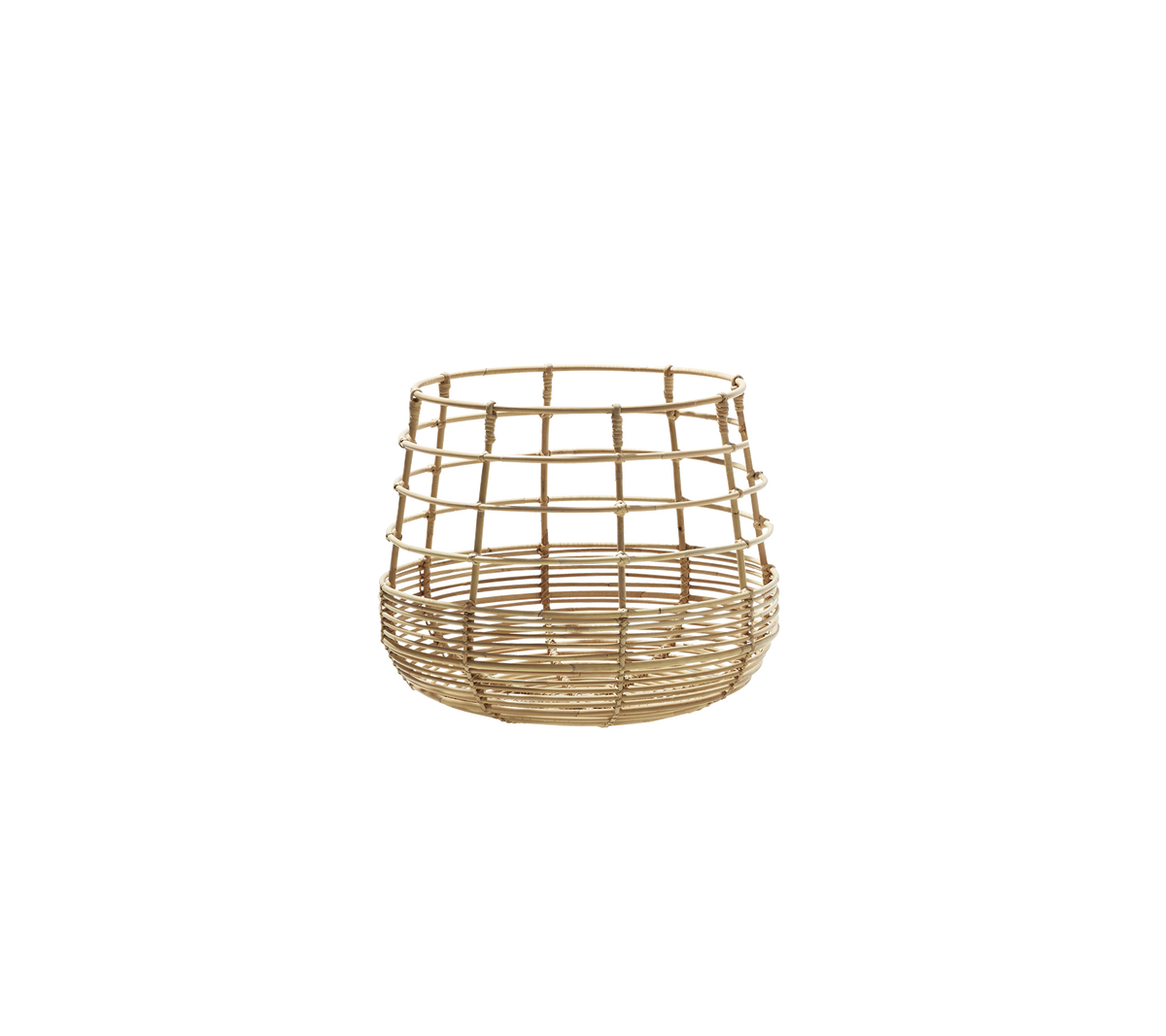 Woven round basket in a natural finish, featuring a grid pattern for stylish storage and organization.
