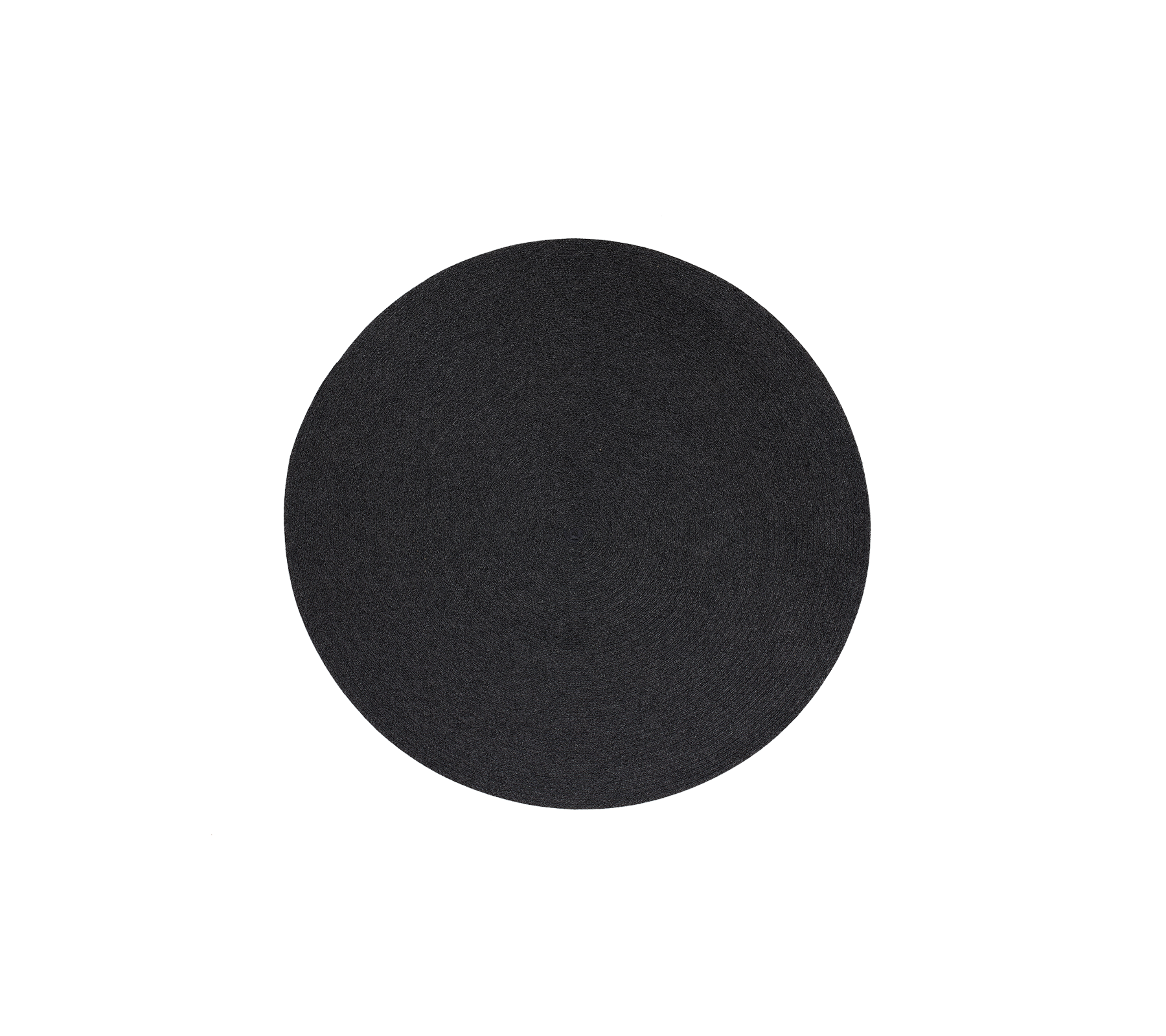 Dark grey Circle outdoor rug with a simple and elegant flat weave design and a swirl pattern, made from Cane-line Soft Rope.