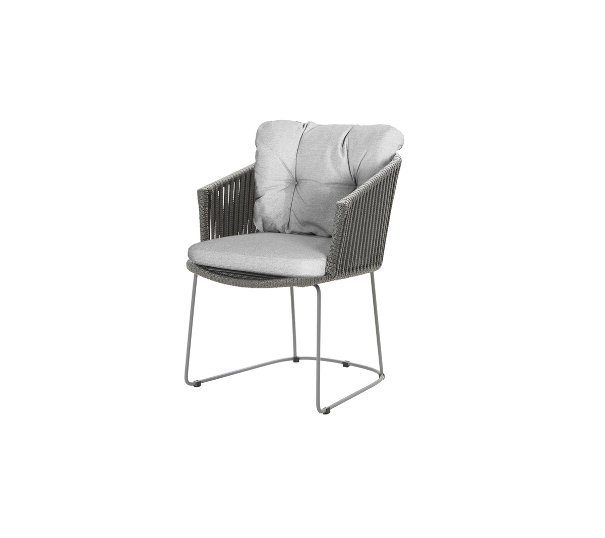 Stylish armchair with a plush gray cushion and a modern design featuring woven details and a sleek metal frame.