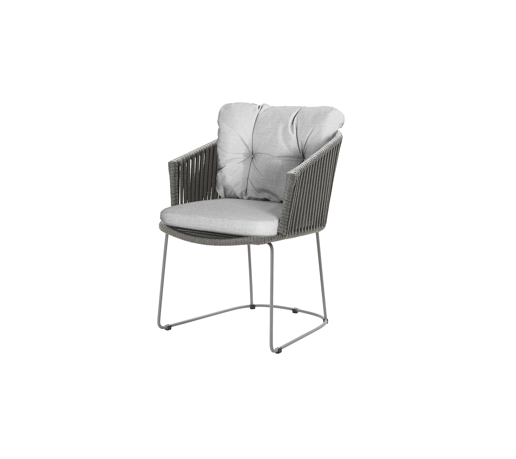 Stylish armchair with a plush gray cushion and a modern design featuring woven details and a sleek metal frame.