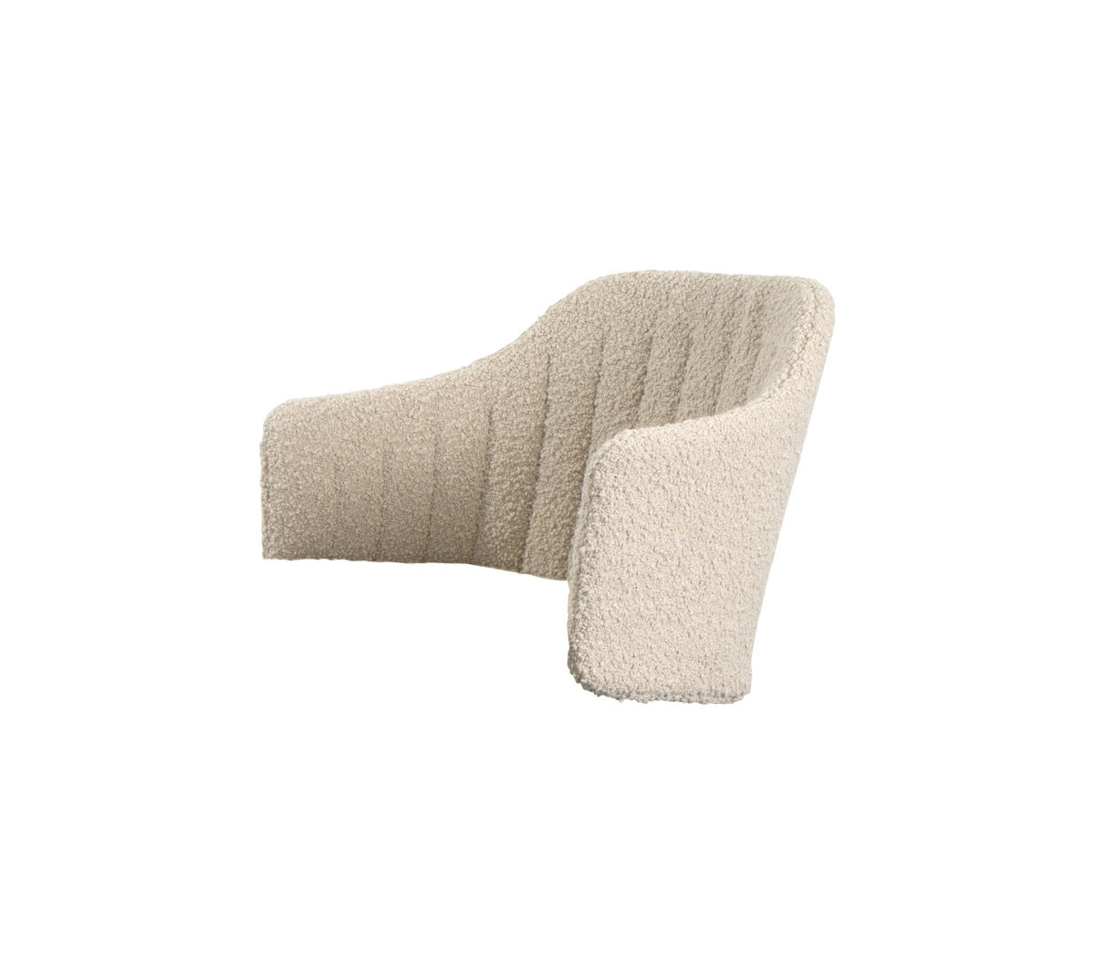 Curvy, upholstered armchair in soft cream fabric with vertical tufting, designed for comfort and modern aesthetics.