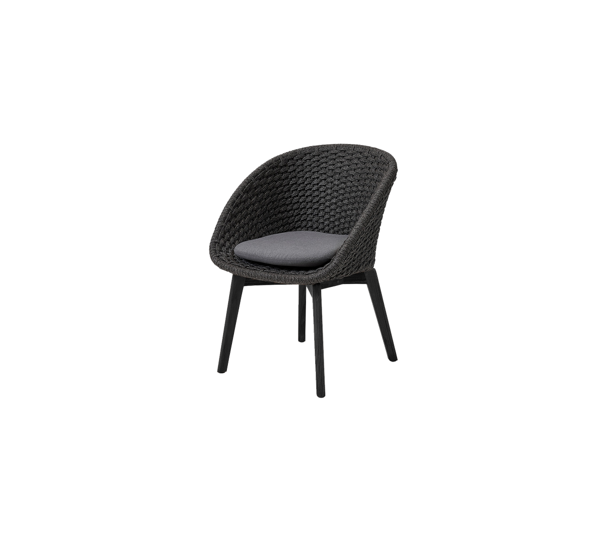 A modern chair featuring a woven design with a comfortable seat cushion, supported by sturdy legs for added stability.