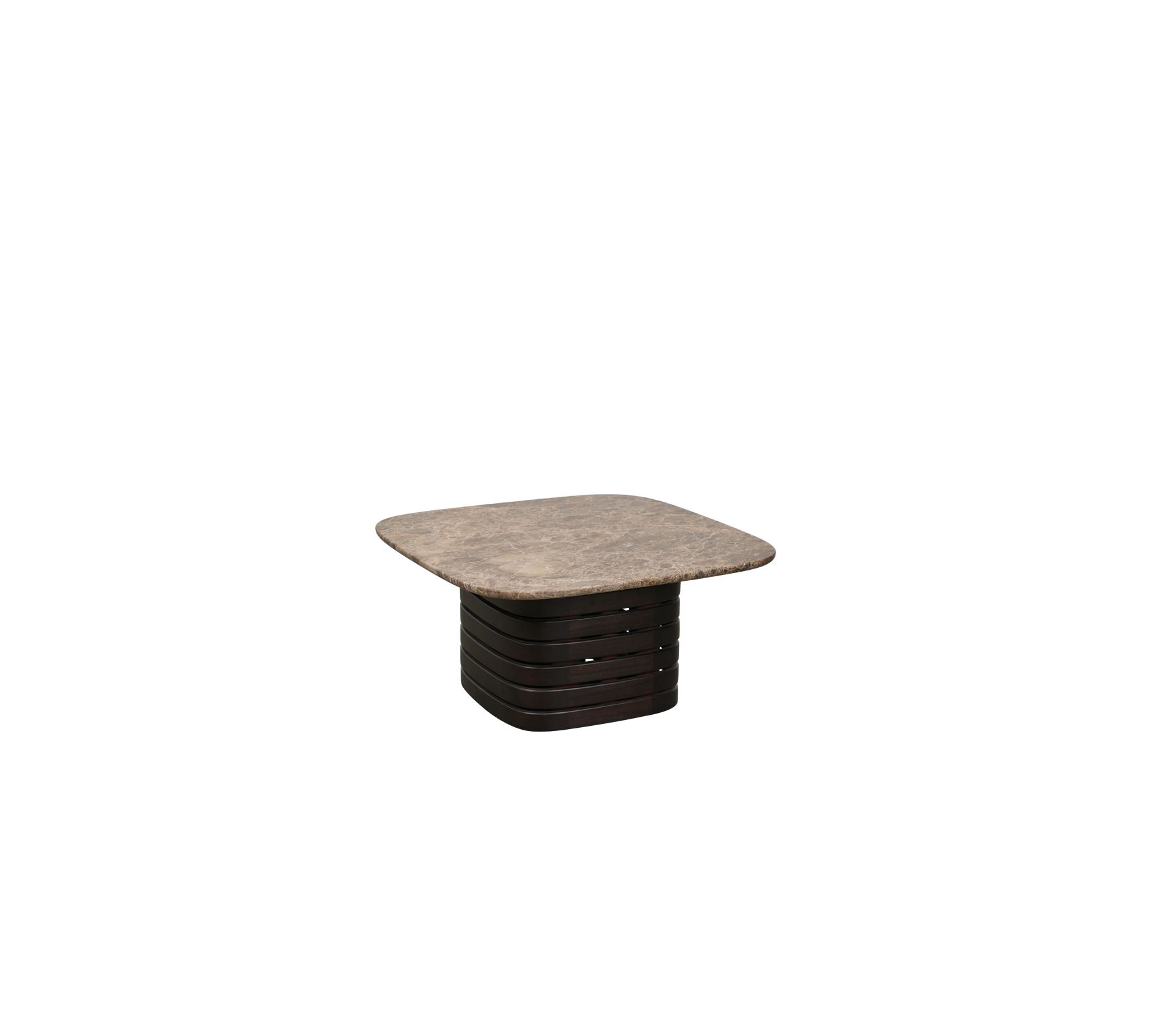 Square dark brown table with an Emperador surface.