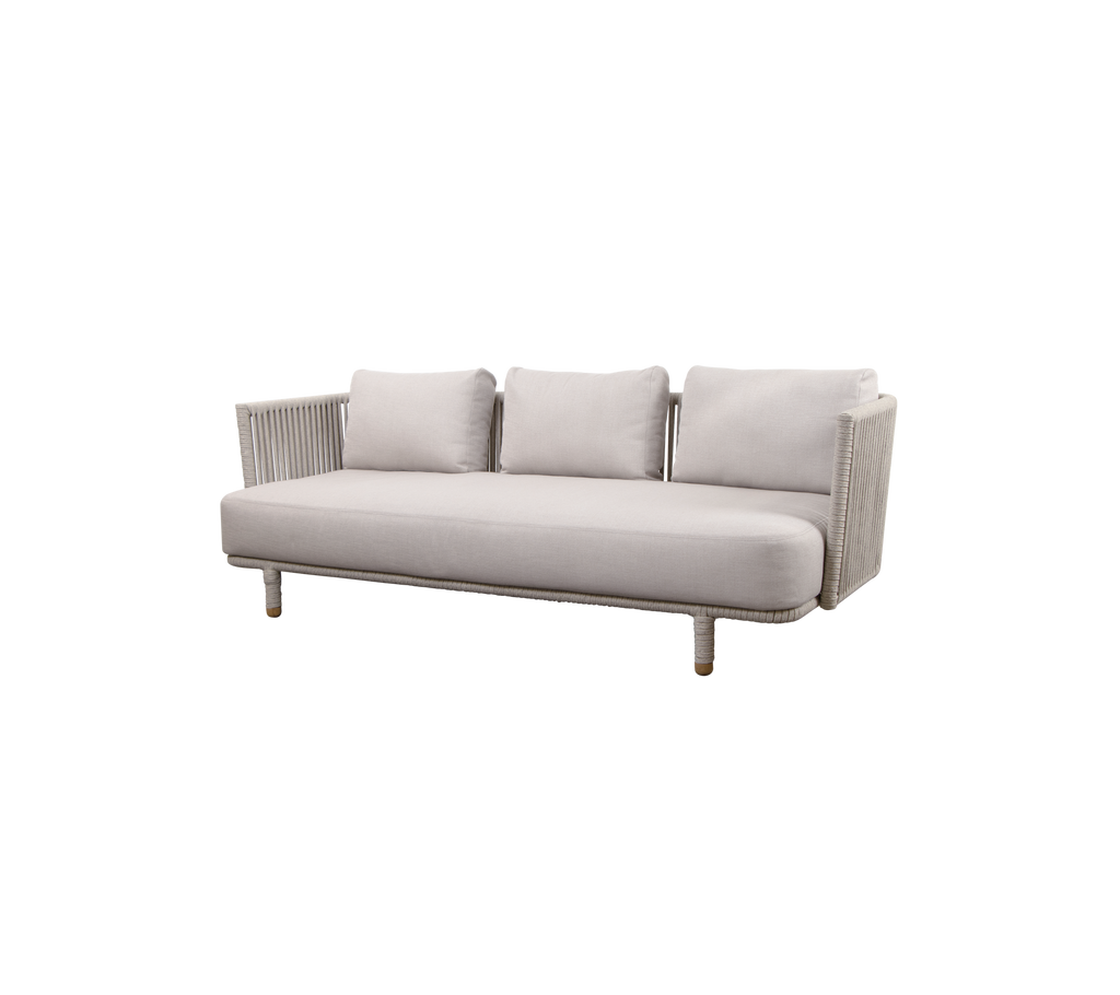 Modern light gray sofa with three cushions and wooden legs, featuring a ribbed design on the arms. Ideal for stylish living spaces.