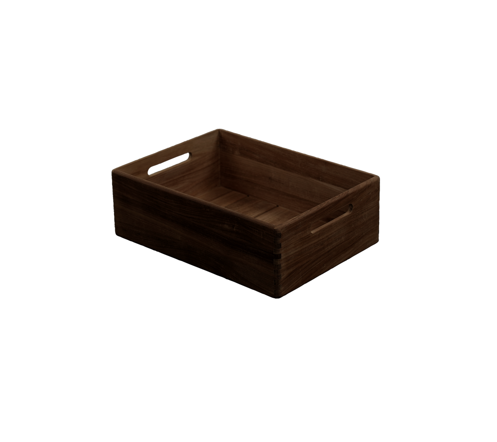 Dark brown crate with cut-out handles.