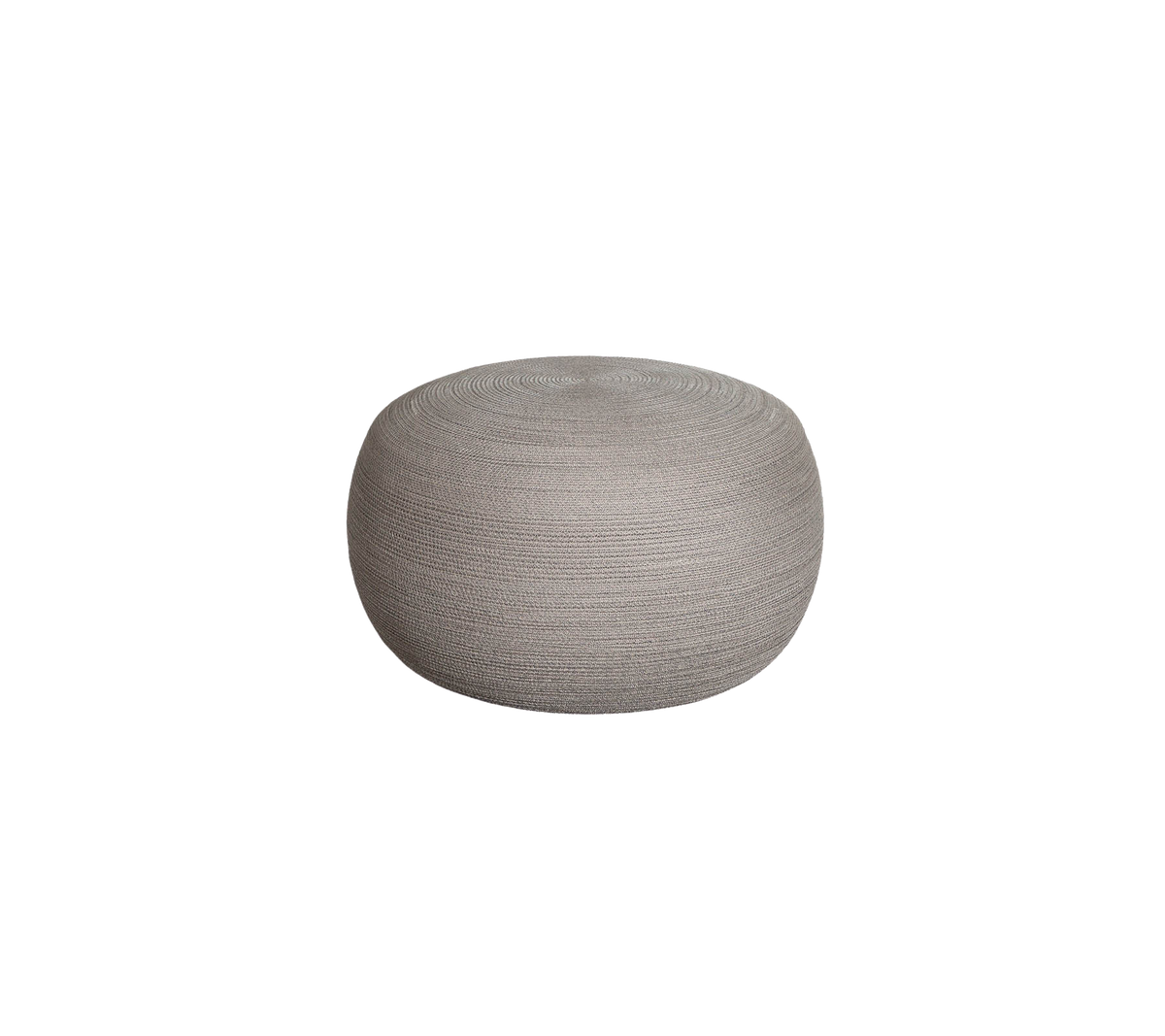 Round, textured pouf in a soft gray color, ideal for accent seating or as a decorative element in various spaces.