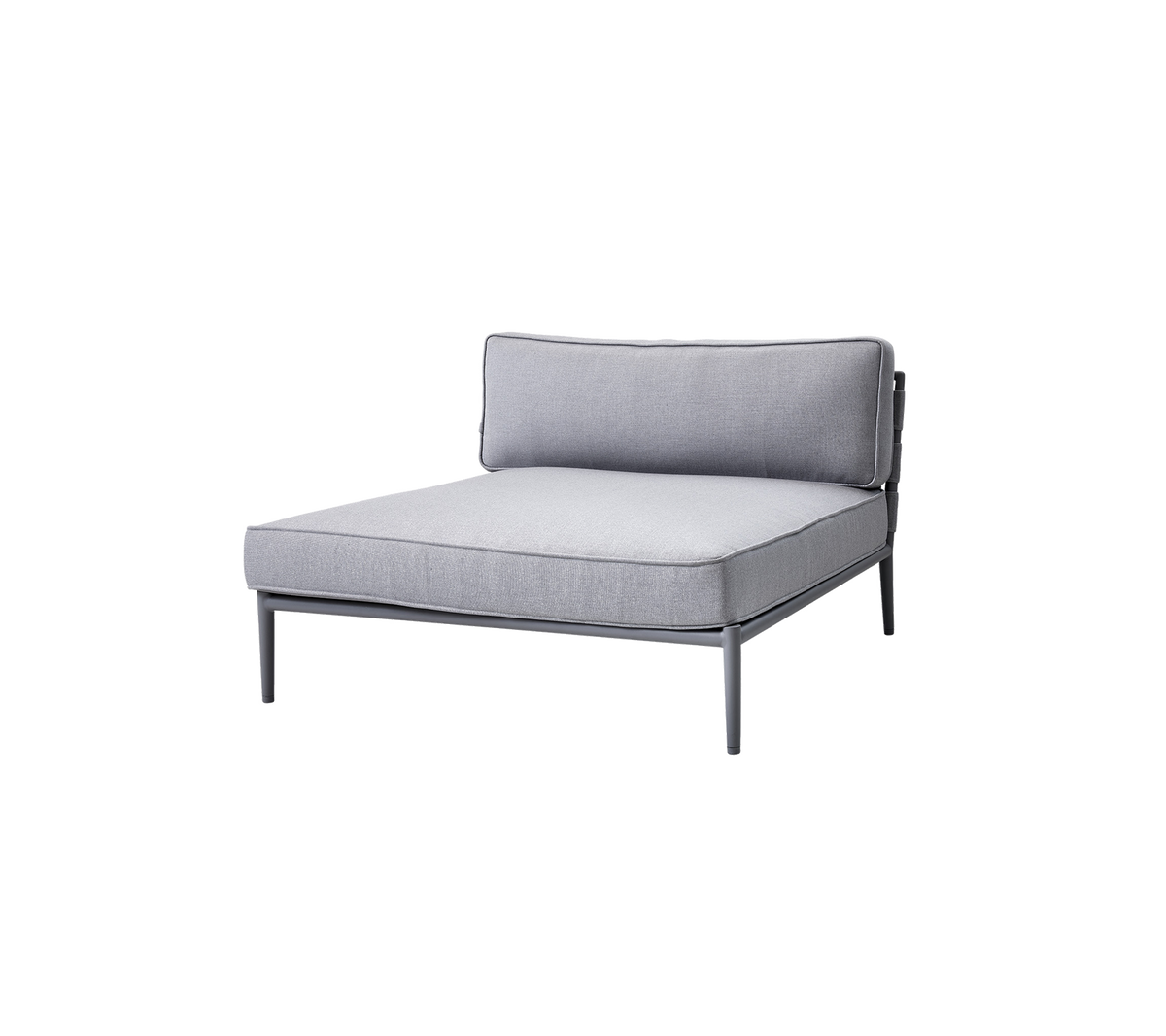 Gray upholstered lounge chair with a minimalist design and a sleek metal frame, featuring a backrest and spacious seating area.