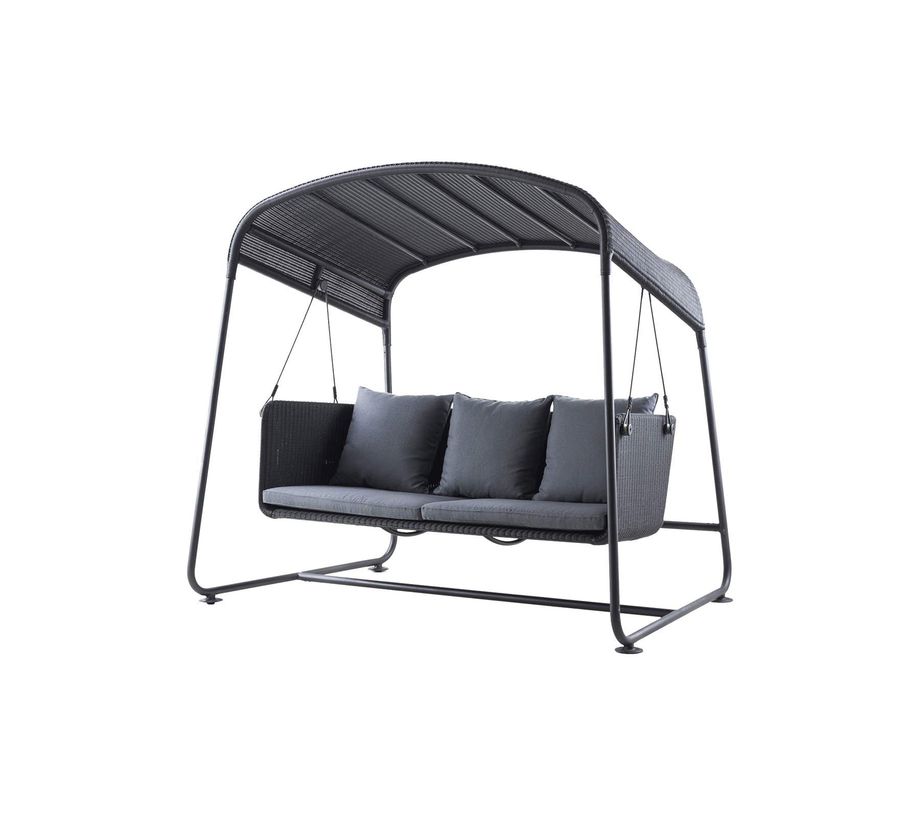 Stylish swing seat with a curved canopy, featuring three cushioned seats and a sturdy frame, perfect for relaxation and comfort.