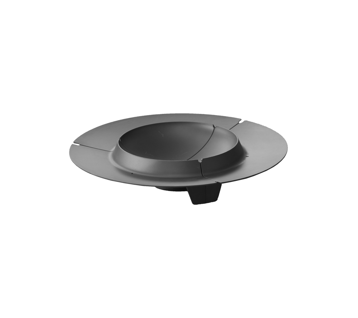 A sleek, circular black device with a central concave section and three extended segments around the edge.