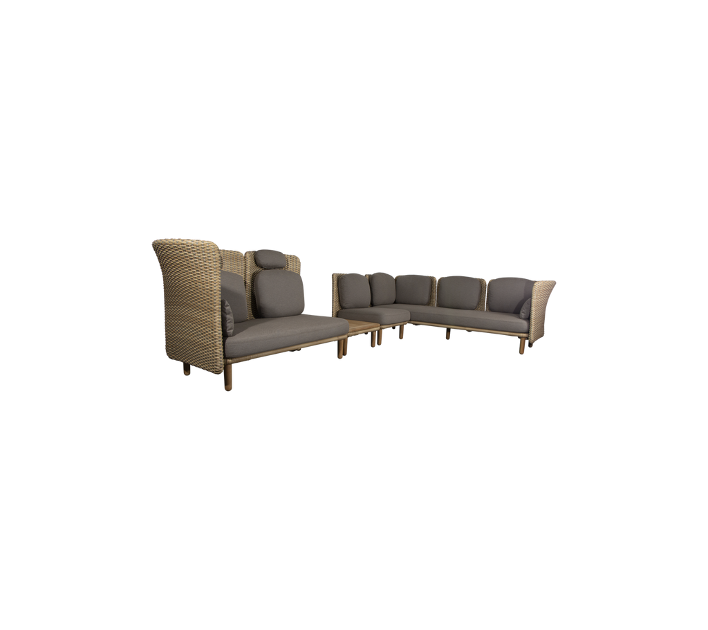 Arch corner sofa w/ low+high arm/backrest & table (2)