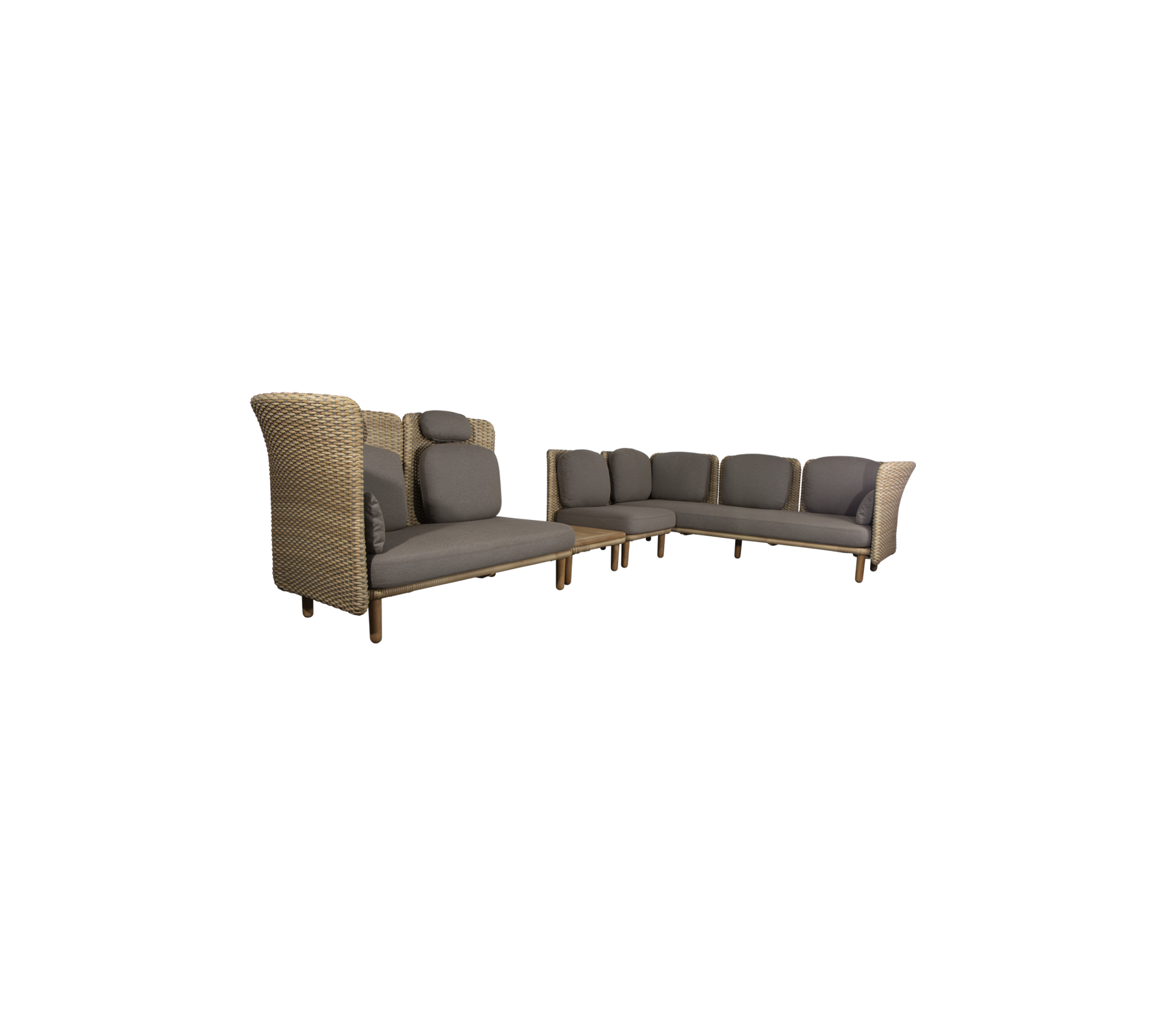 Arch corner sofa w/ low+high arm/backrest & table