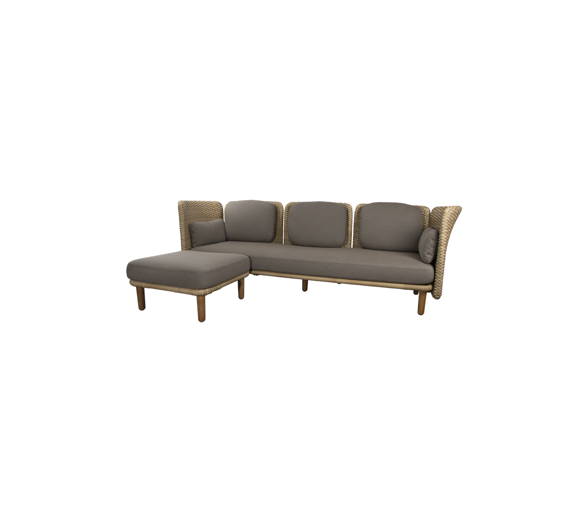 Modern sectional sofa with plush gray cushions and sturdy wooden legs, designed for comfort and style. Ideal for relaxing or socializing.