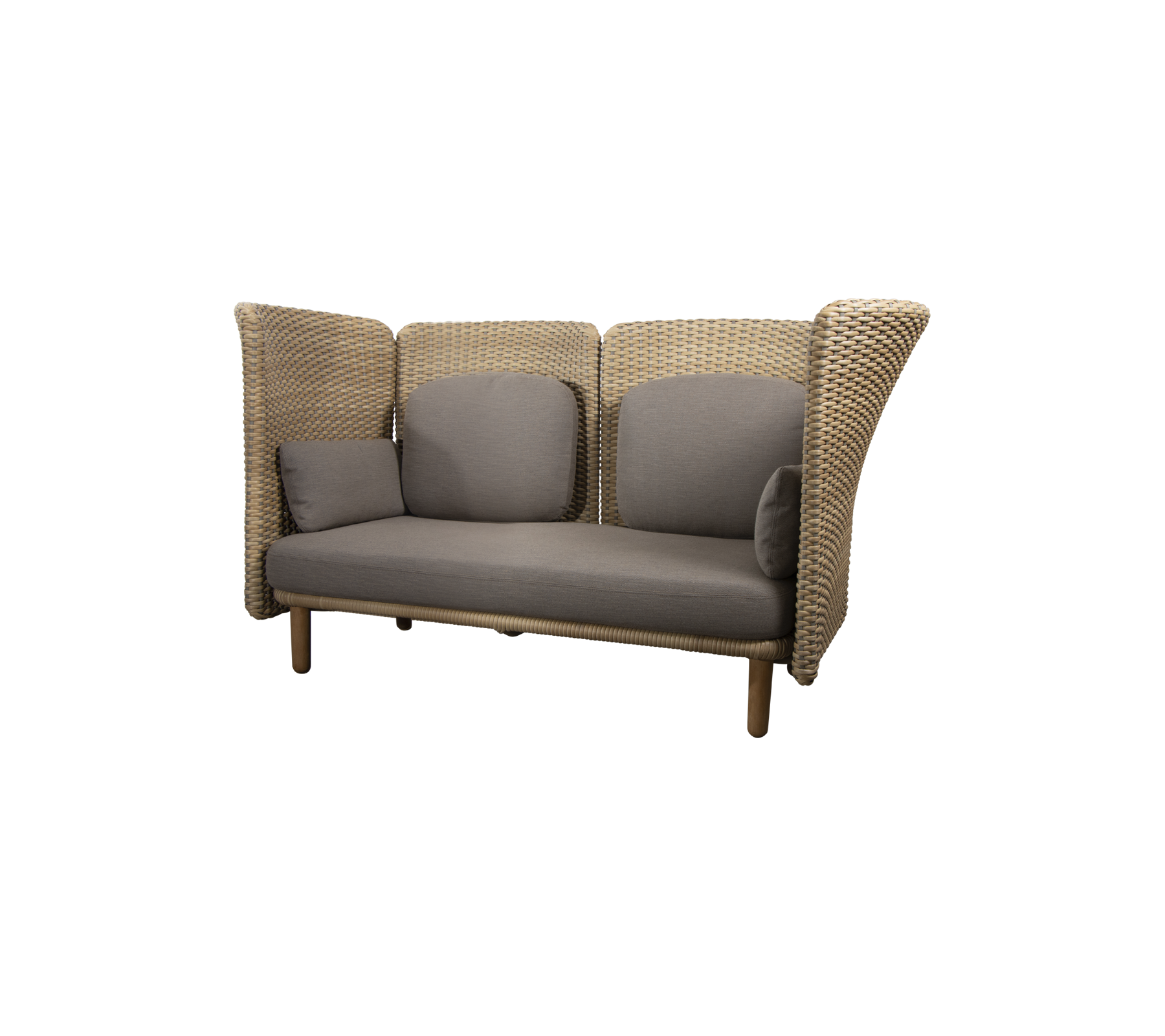 Stylish lounge sofa with woven sides and plush gray cushions, designed for comfort and modern aesthetic appeal.