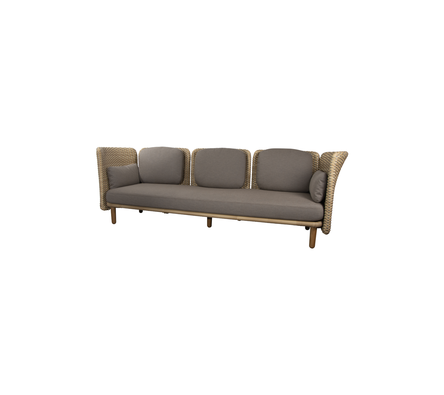 A stylish, four-seat sofa featuring a woven design with plush, neutral-colored cushions for comfort and elegance.