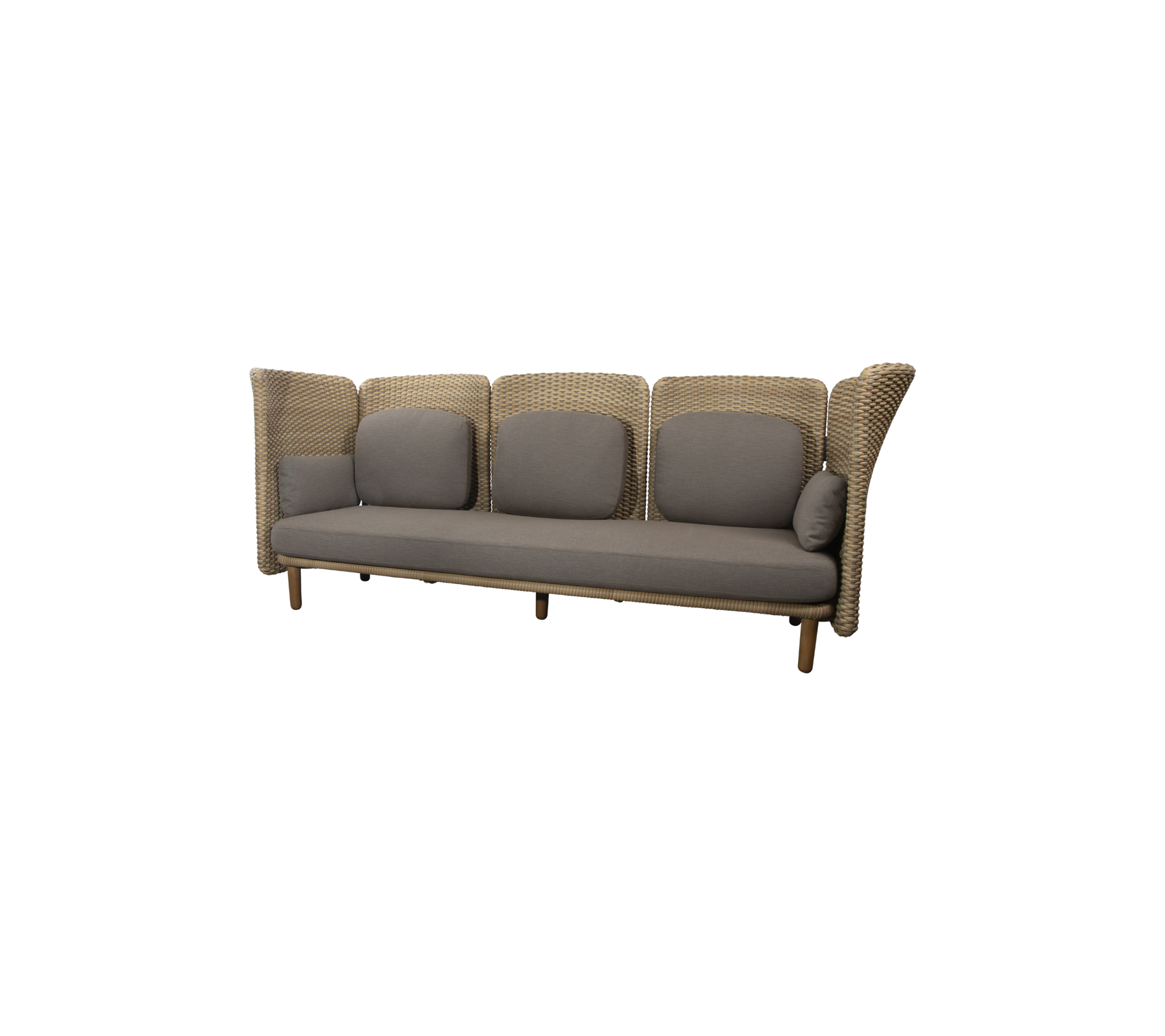 Stylish three-seater sofa with a woven design and gray cushions, perfect for modern living spaces.
