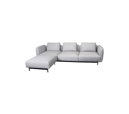 Contemporary L-shaped sofa in light gray fabric with plush cushions and tapered legs, ideal for modern living spaces.