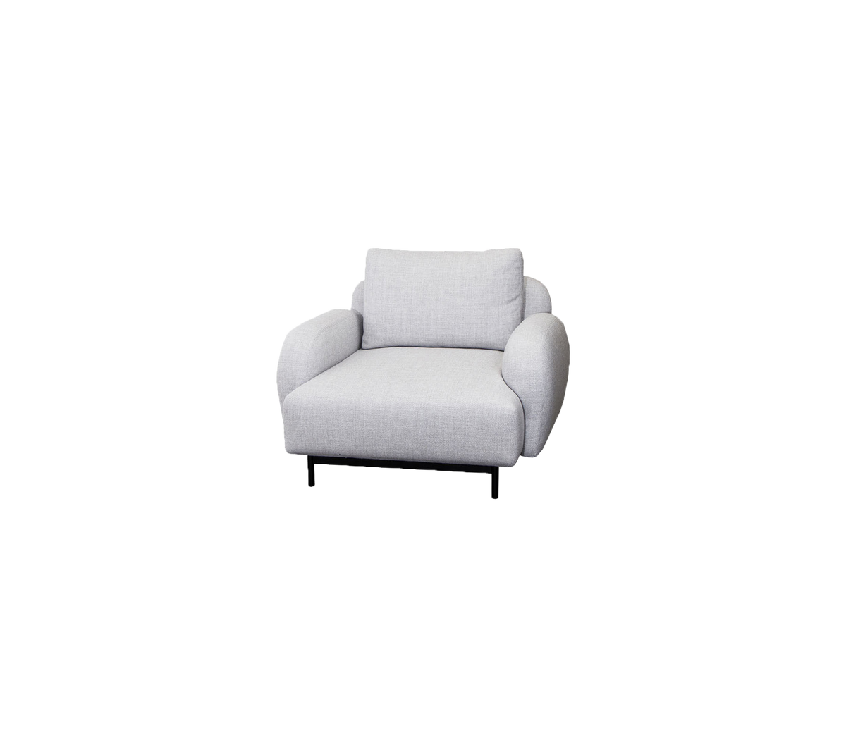 Comfortable light gray armchair with rounded arms and soft cushions, featuring sleek black legs for a modern touch.
