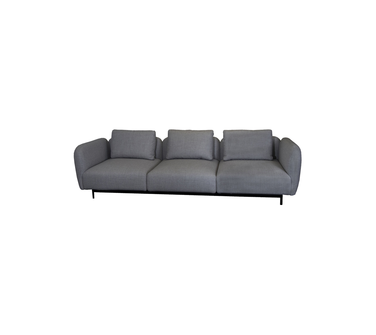 A sleek, modern sofa with a minimalist design featuring three plush cushions and a clean, simple silhouette in gray upholstery.
