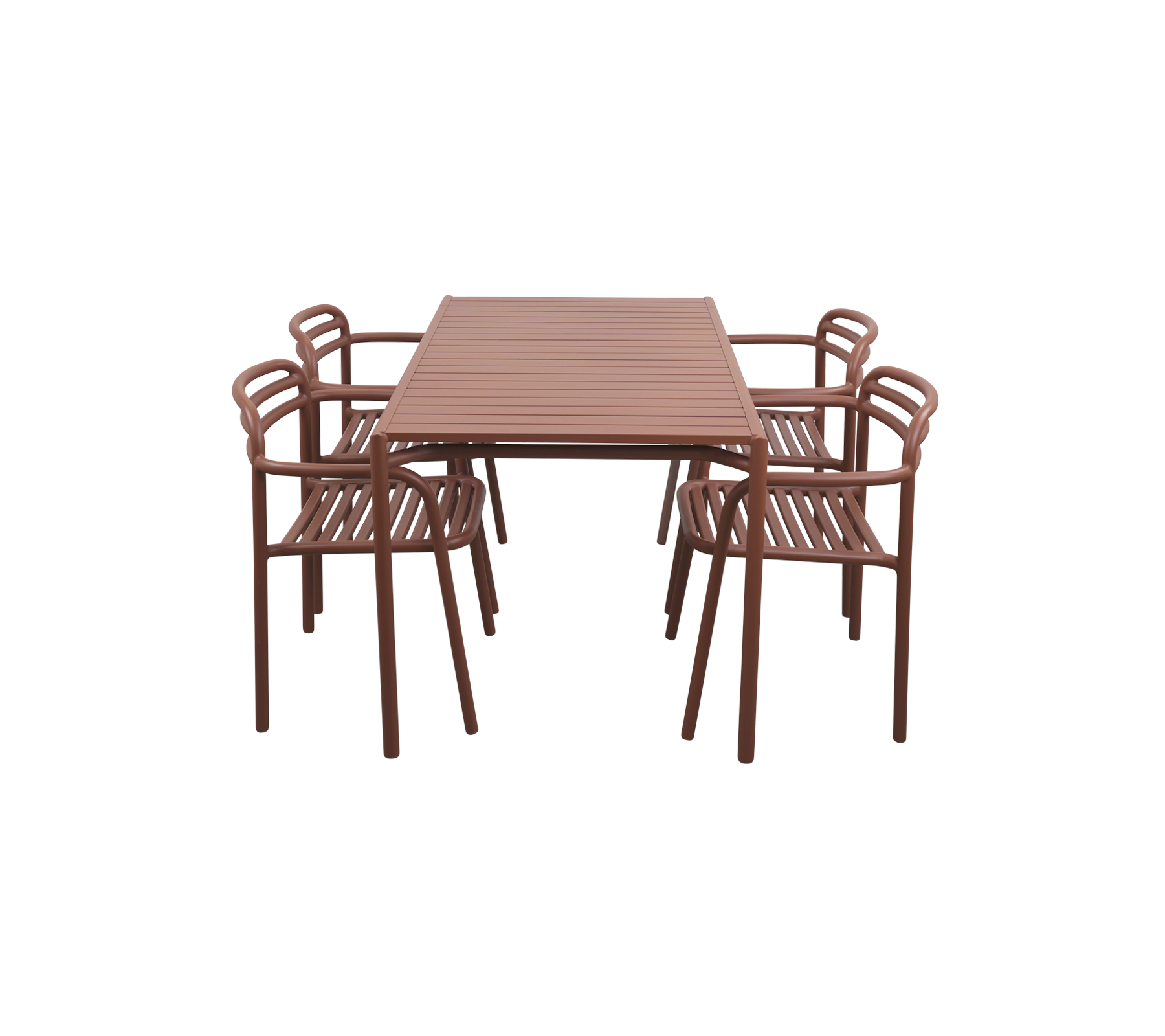 Brown rectangular dining table surrounded by six matching chairs, featuring slatted designs for a modern aesthetic.