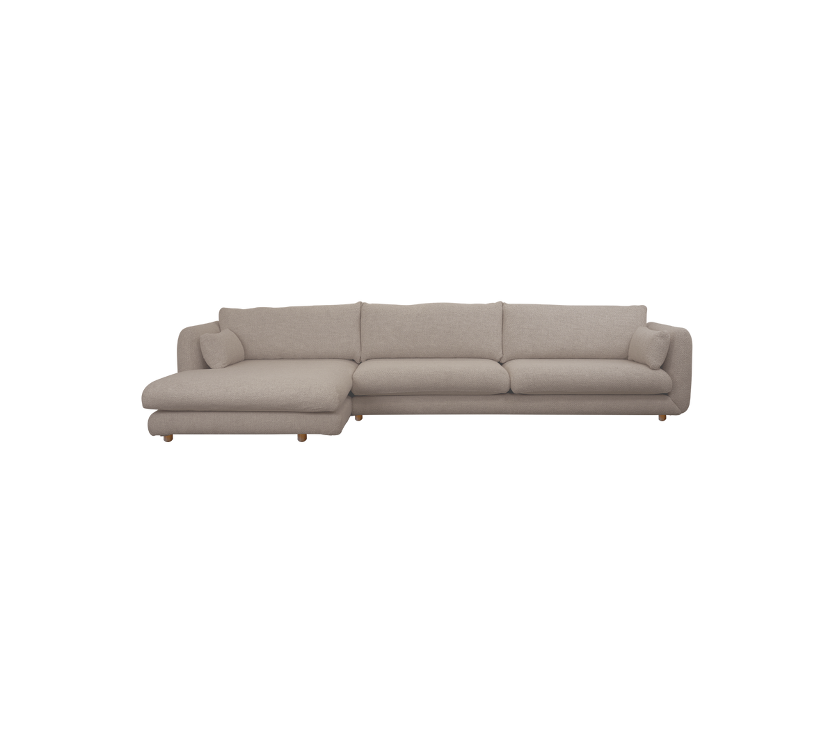 Light brown modern sofa with a chaise section.