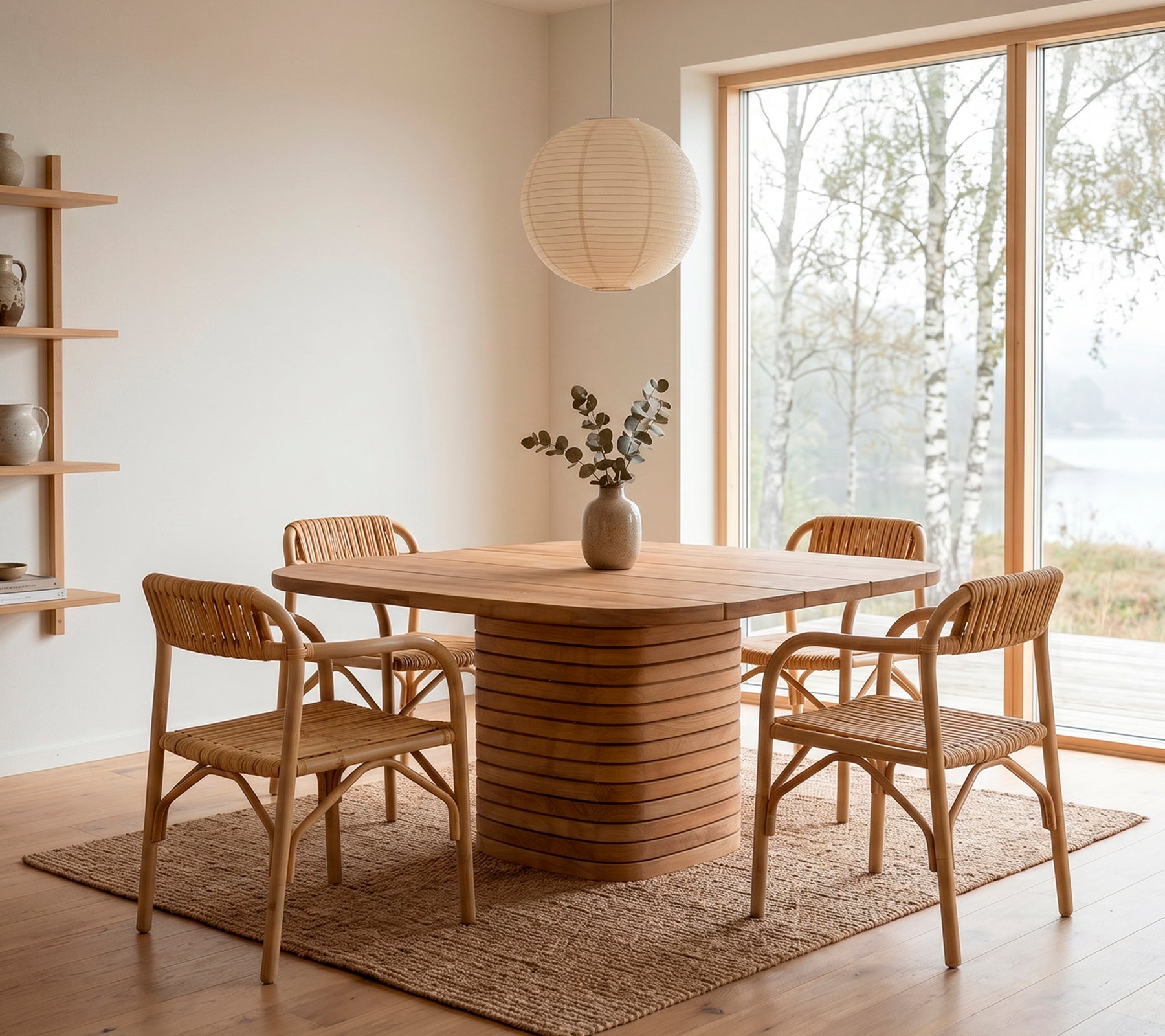 Minimalist wooden dining table with rattan chairs and a flower vase.