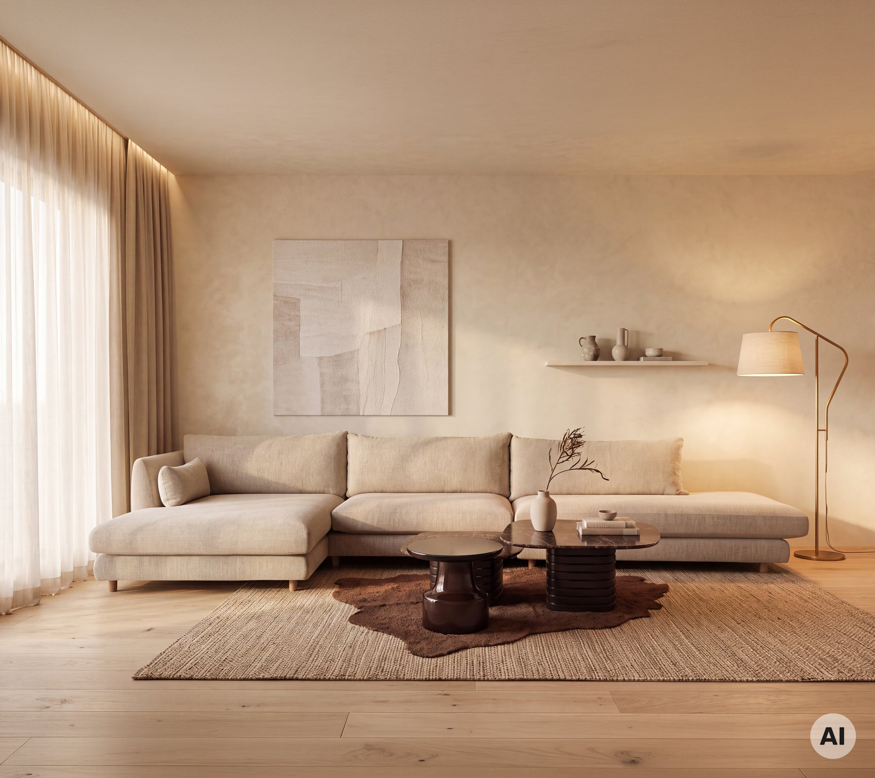 Beige sectional sofa with wooden coffee table and brown rug in a minimalistic lounge.