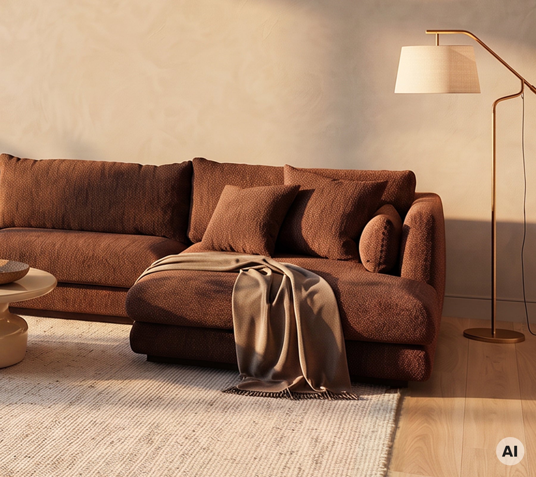 Brown sofa with cushions and a throw blanket beside a round coffee table and floor lamp.