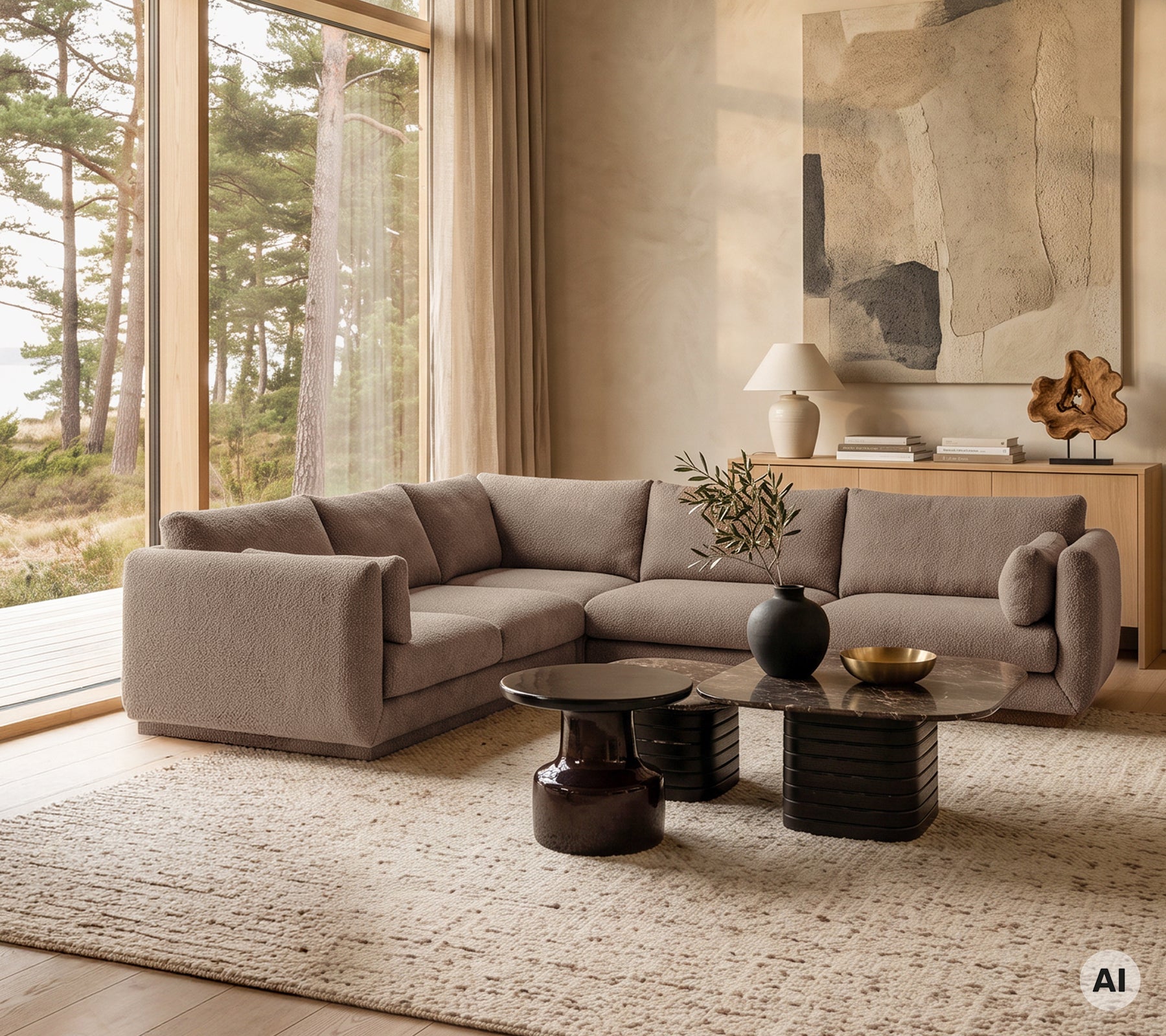 Modern lounge featuring a beige sofa, black table, and grey rug.