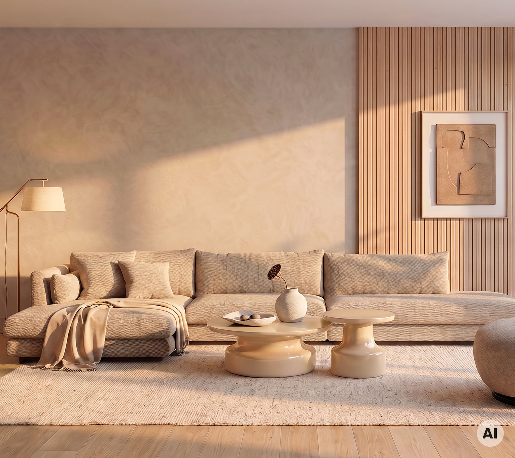 Beige sofa with cushions and a round coffee table in a modern lounge setting.