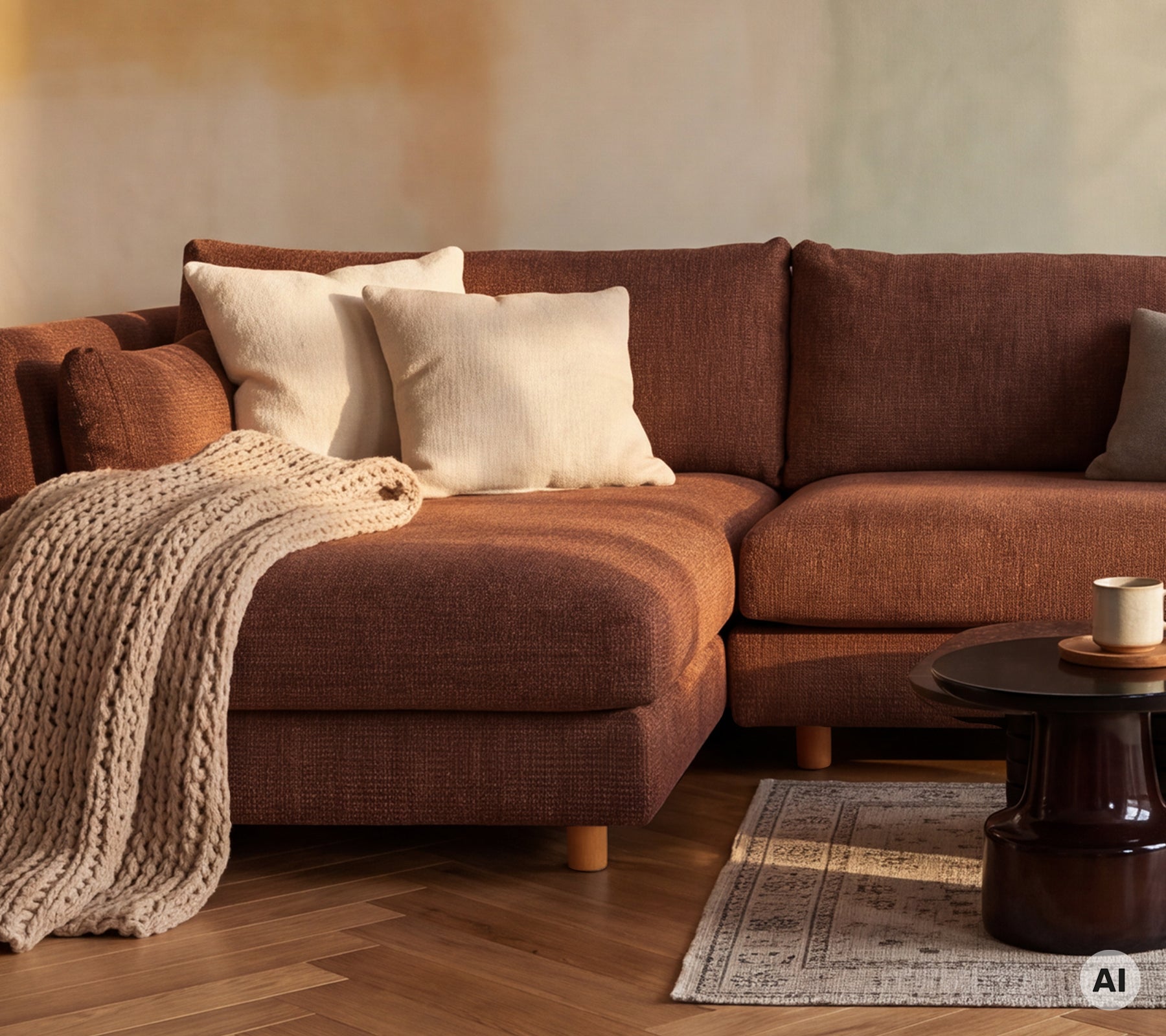 Cozy brown sofa with white cushions and a tan throw blanket in a modern lounge setting.