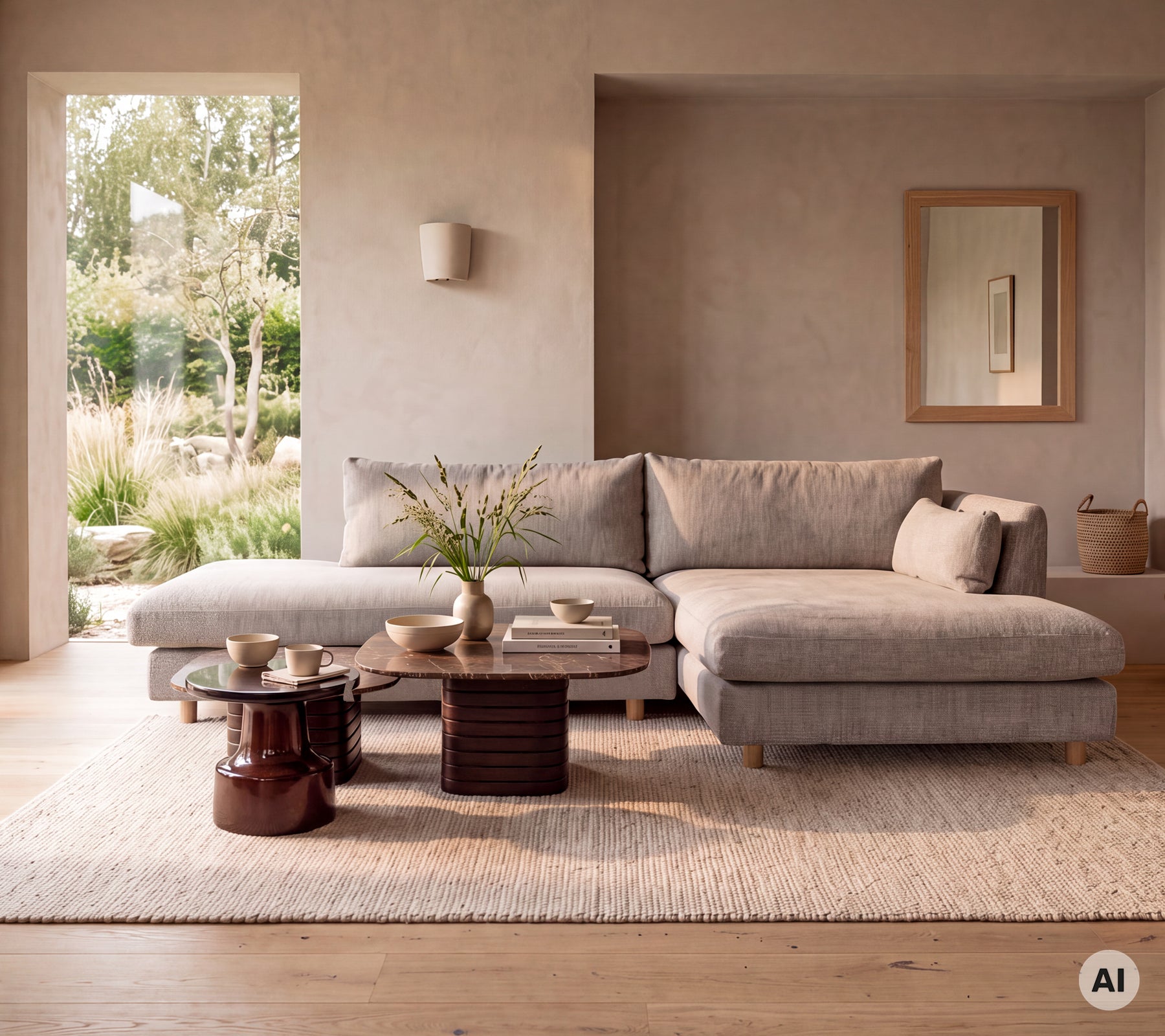 Modern grey sofa with wooden table and white vase in a minimalist lounge setting.