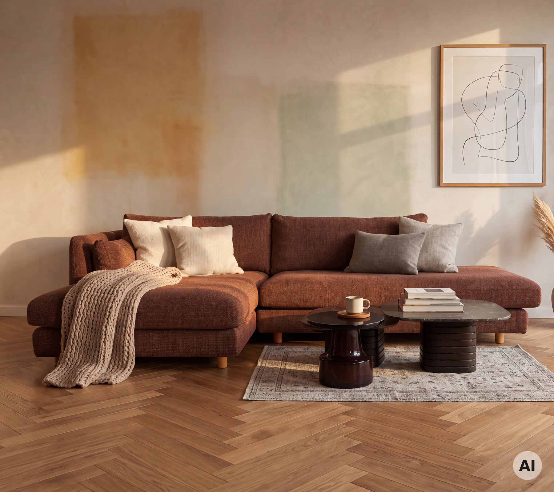 Modern lounge featuring a brown sofa, grey cushions, and a black coffee table.