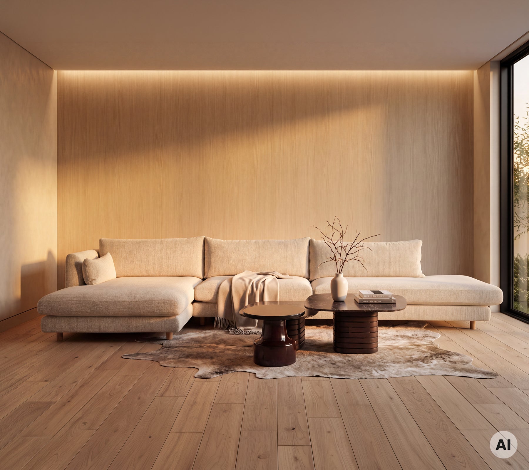 Contemporary lounge area featuring a cream sofa and wooden coffee table on a rug.