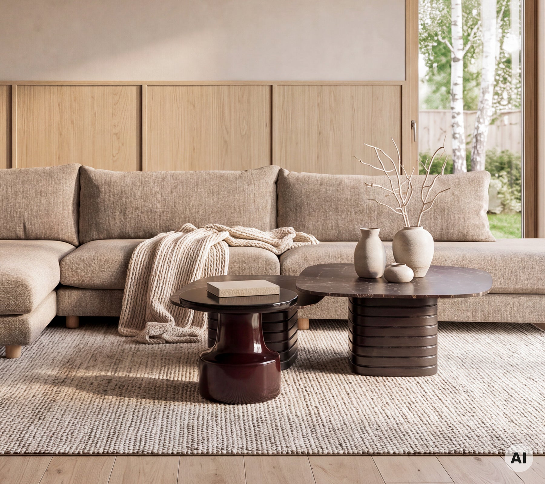 Modern lounge area featuring a beige sofa, brown and red round tables with decorative vases.