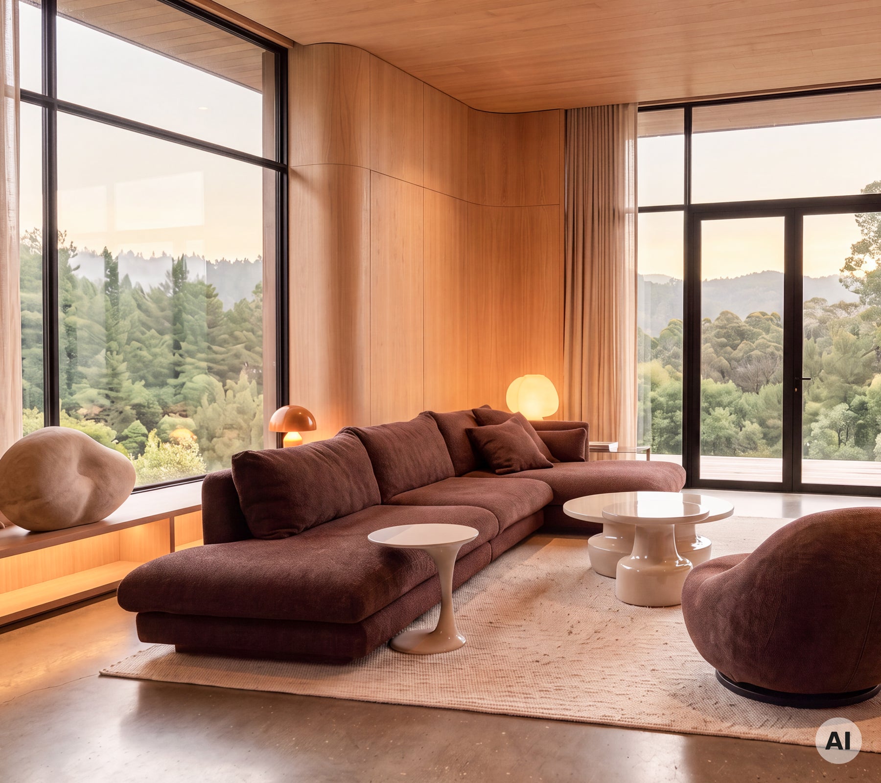 Modern lounge featuring a purple sofa, white side table, and round chair with large windows.