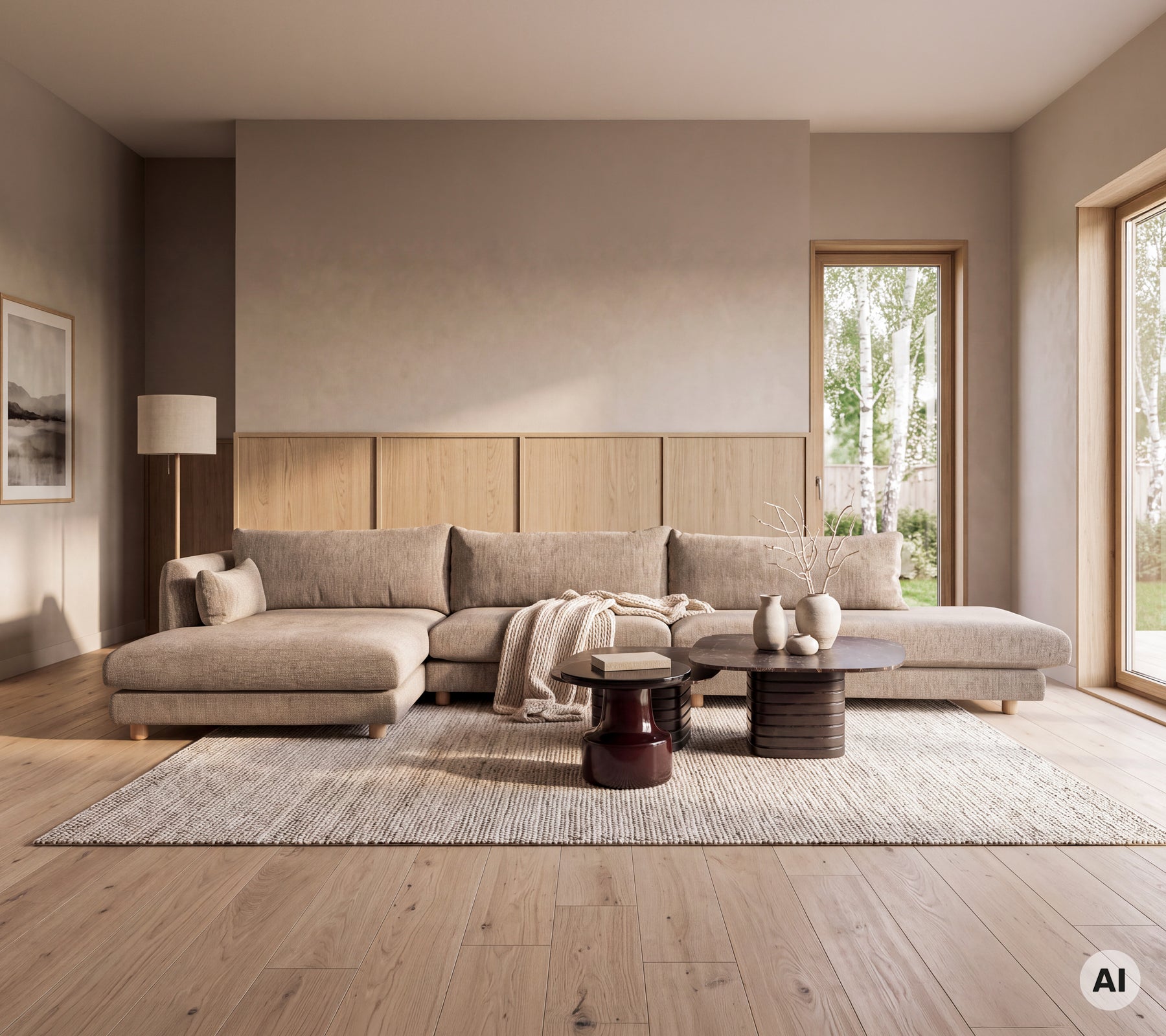 Modern lounge featuring a sofa, wooden side table, and a rug in a minimalist setting.