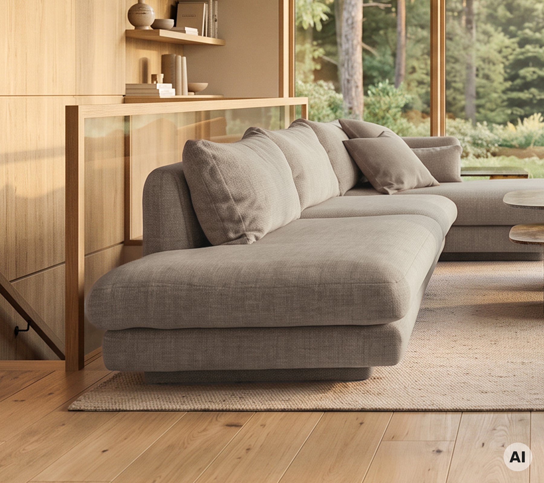 Modern grey sofa with matching cushions in a minimalist lounge setting.