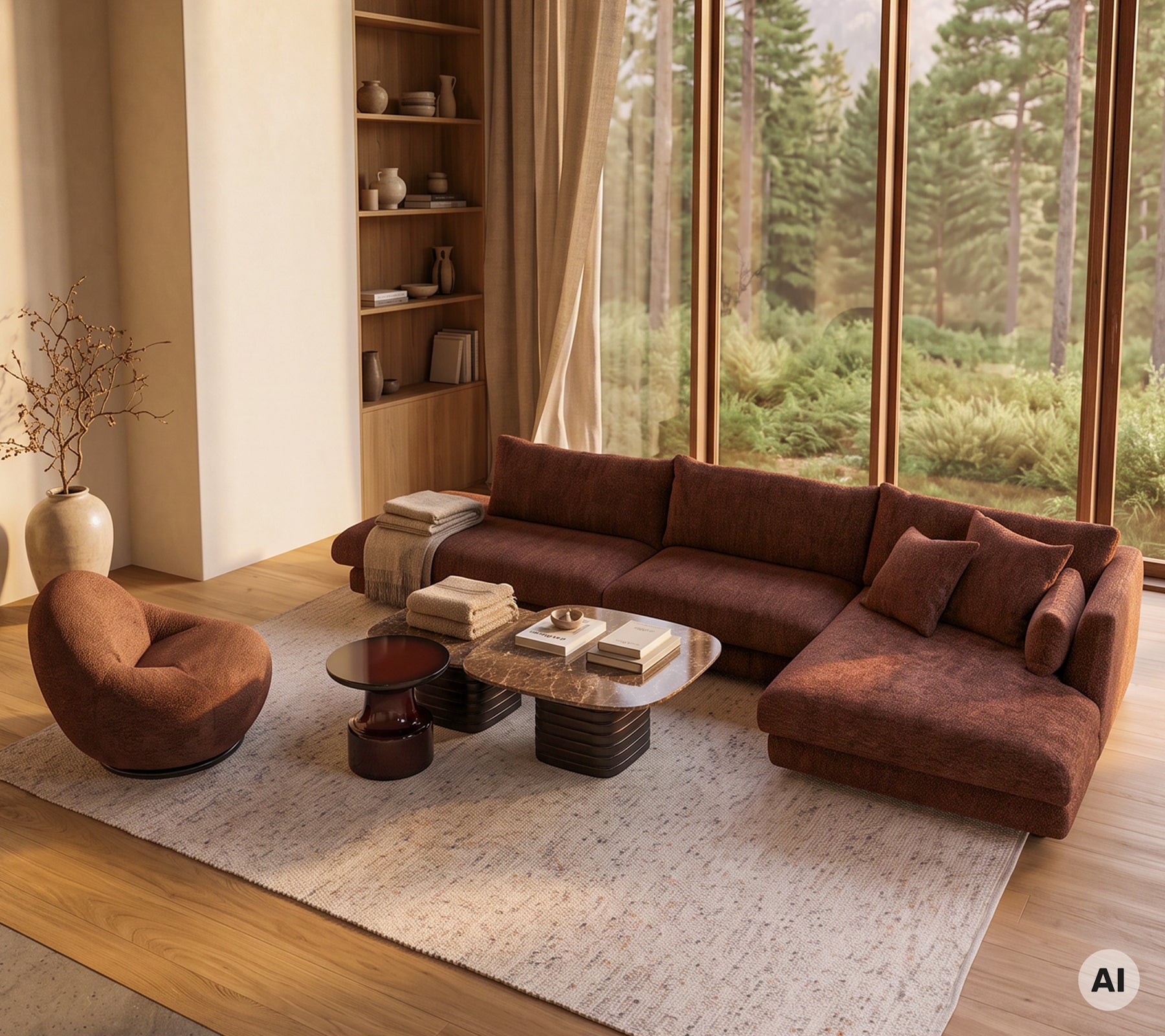 Cozy lounge setting with a brown chaise longue sofa, accent chair, and round coffee table.